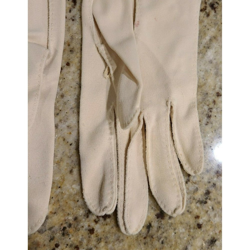 Vtg Nylon Stretch 11.5" Formal Beige Gloves. Women's Sz 6 Medium Embroidered - Picture 8 of 12